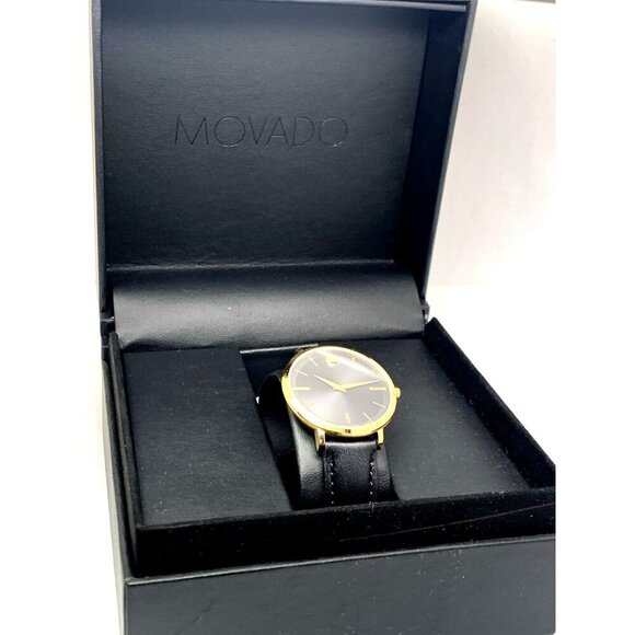 Movado Womens Watch 0607091 Ultra Slim Black Dial Swiss Quartz Gold Leather 35mm main image 8